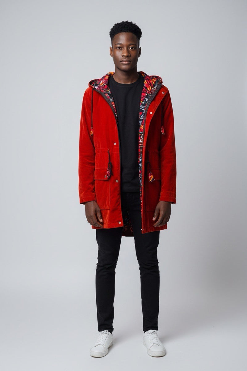 Orange Drop-tail Velvet Jacket with Ankara Lining – Lookslike Avido