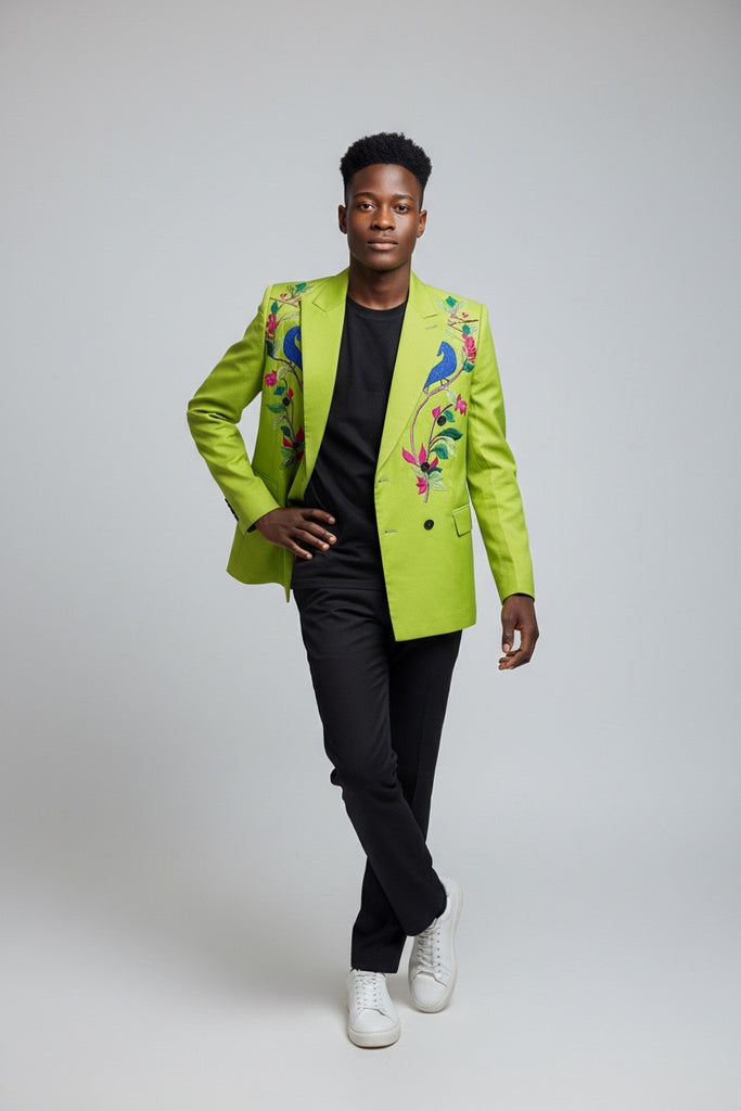 Lime Green Heritage Thread Suit with Leaves and Birds Embroidery   Lookslike Avido